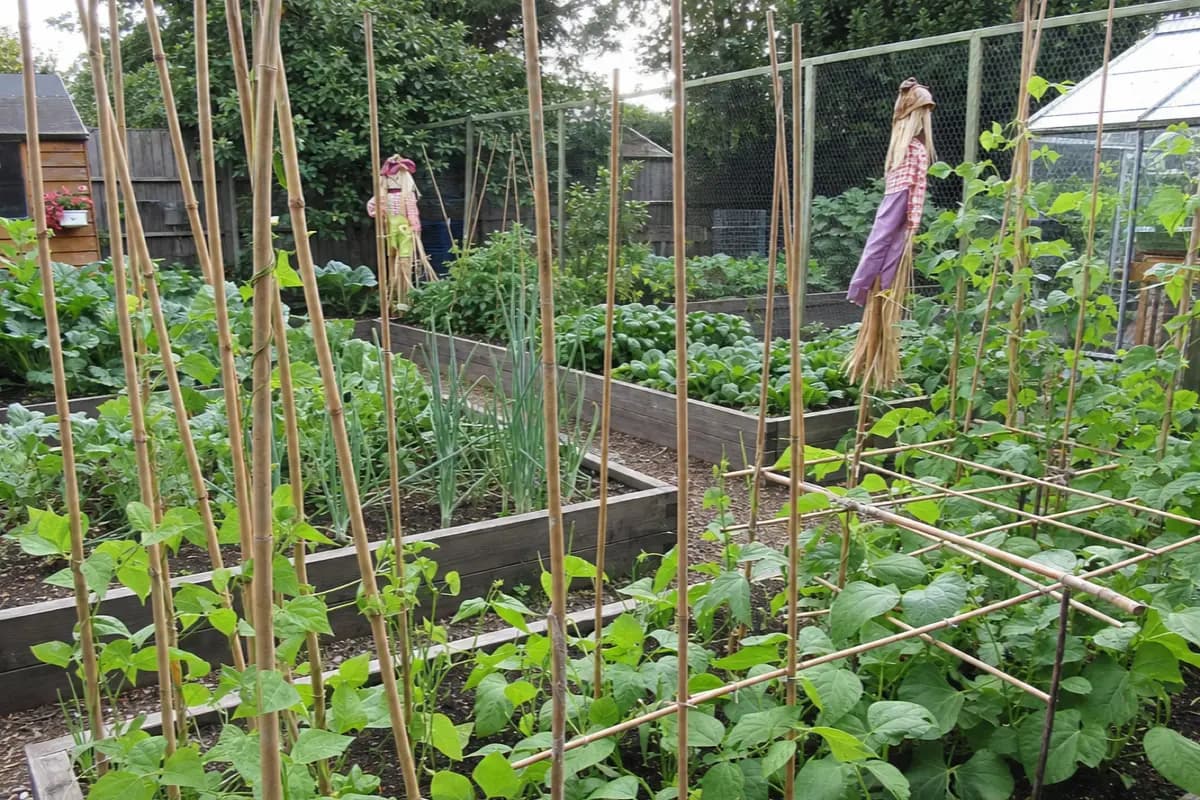 Well-maintained raised garden beds with climbing bean plants on bamboo stakes and lush green vegetables growing in organized rows, showing the kind of resilient small-scale food production that helps growers weather El Nino disruptions