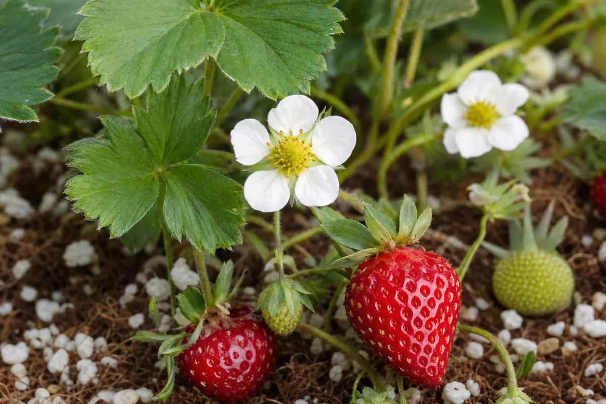 Ripe red strawberries growing in a substrate-based hydroponic system with perlite and coconut coir visible in the growing container