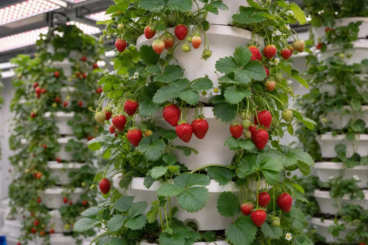 Strawberry plants growing in a vertical hydroponic tower system with multiple tiers of ripe red fruit under LED grow lights