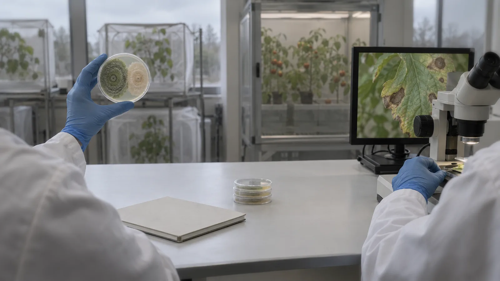 Two researchers at a lab bench, seen from behind: one holds up a petri dish with competing fungal cultures, the other examines a diseased tomato leaf under a microscope.