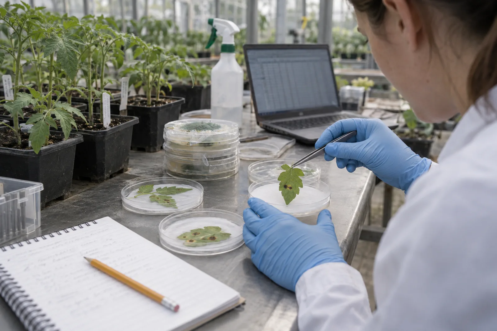 A researcher in blue gloves lifts a tomato leaflet with forceps from a petri dish on a greenhouse bench, beside young tomato plants.