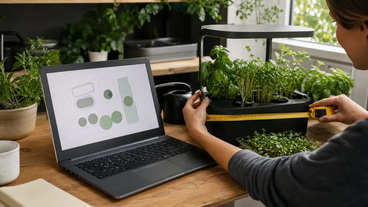 A grower measures a compact indoor garden while comparing it with a digital layout.
