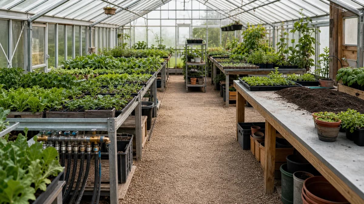 An organized greenhouse with clear aisles, crop benches, irrigation, and a separate work surface.