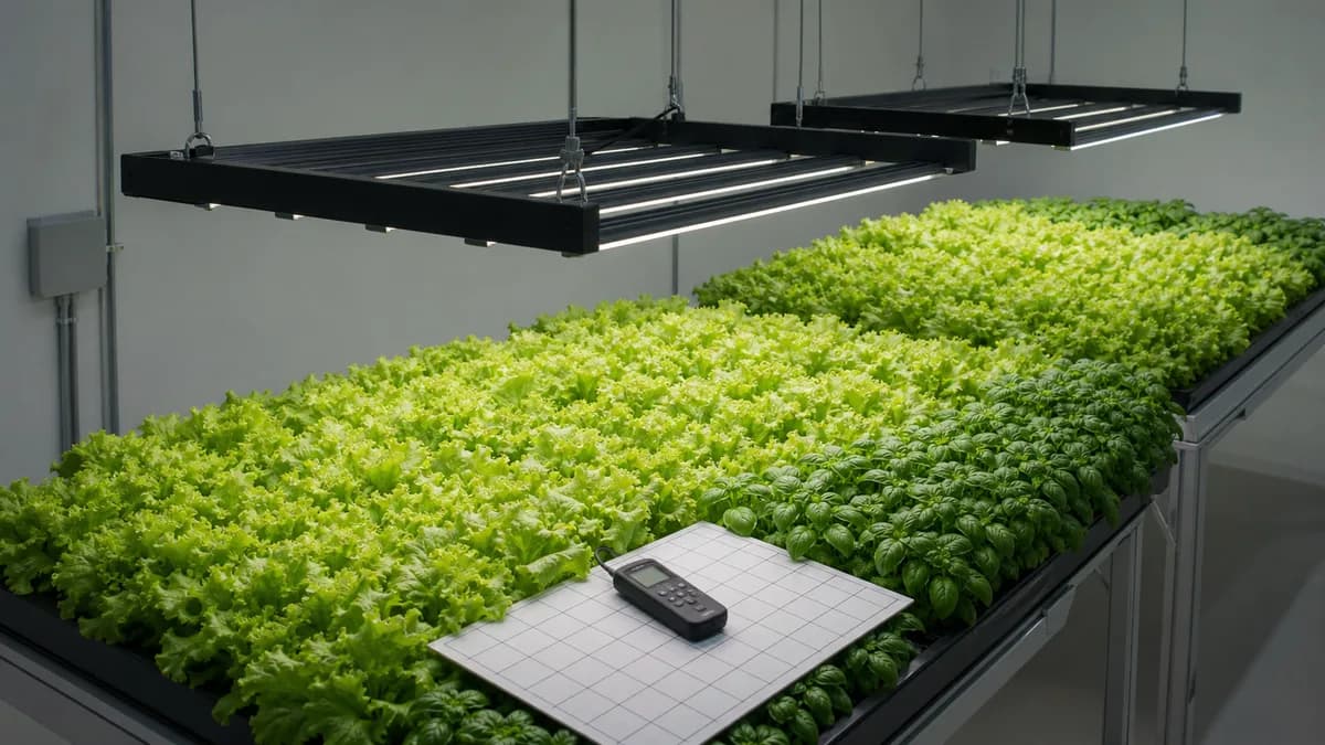 LED grow lights arranged over a uniform lettuce and basil canopy with a PAR meter and measurement grid.