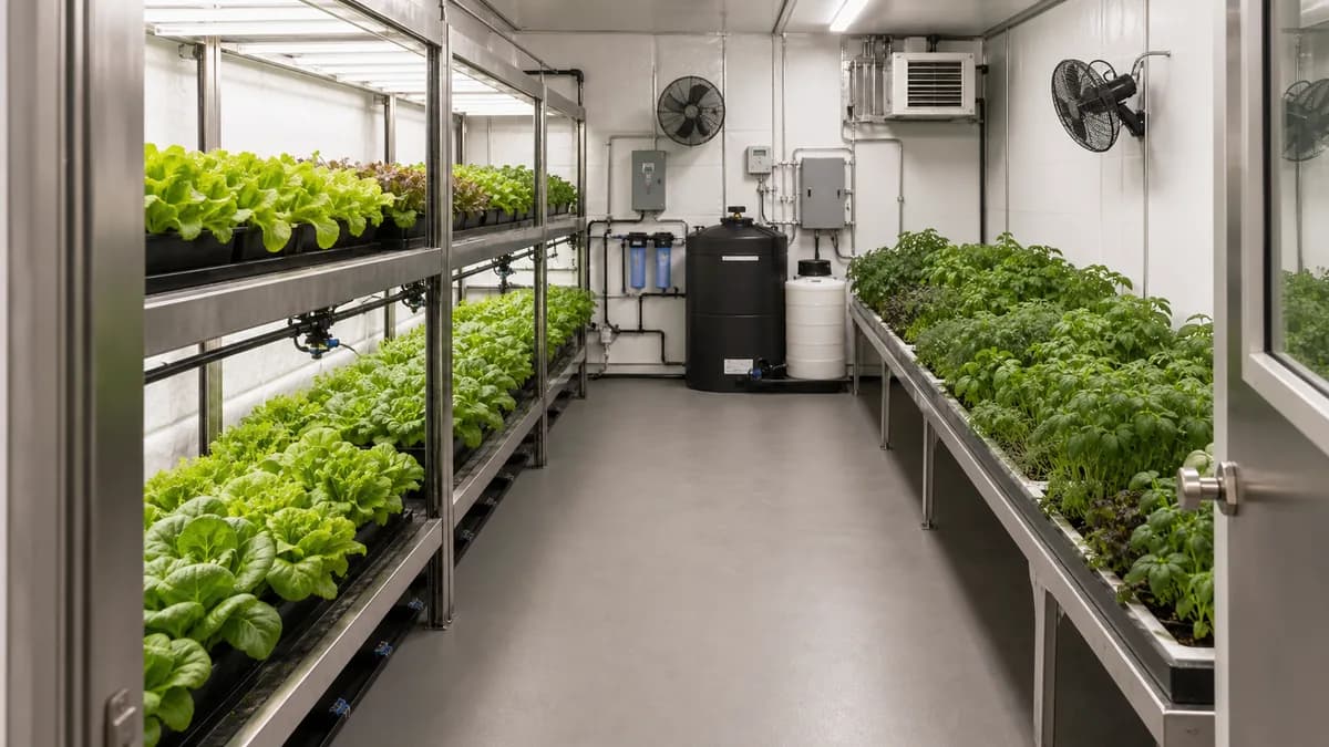 A compact grow room with tiered racks, an unobstructed aisle, ventilation, and a separate equipment zone.