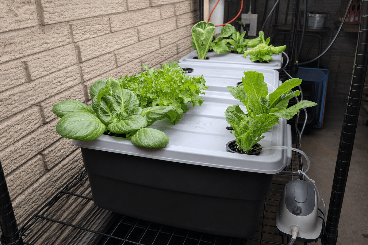 A DIY deep water culture hydroponic setup with storage bins and growing containers