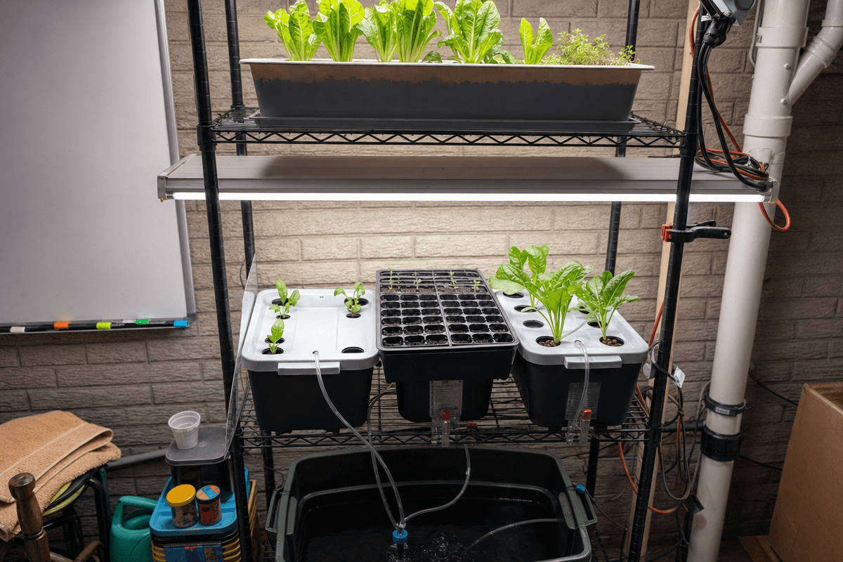 A deep water culture bucket hydroponic build showing net pots, growing medium, and reservoir