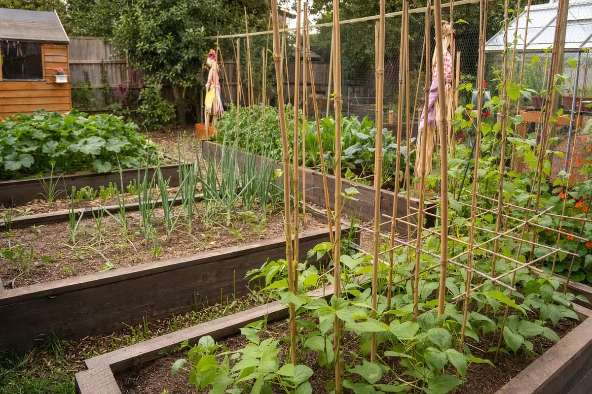 Um jardim organizado com canteiros elevados mostrando plantações diversas e design cuidadoso