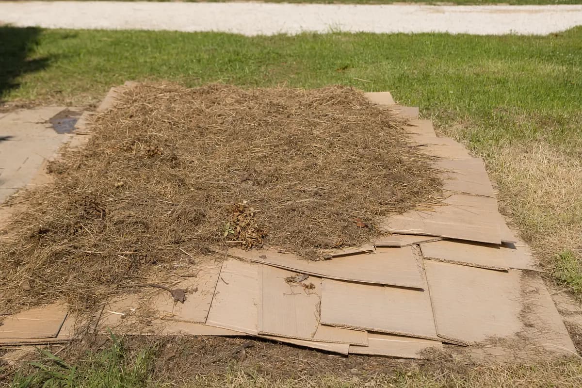 Camadas de cobertura vegetal com cartão e materiais orgânicos sendo aplicadas para construir um novo canteiro