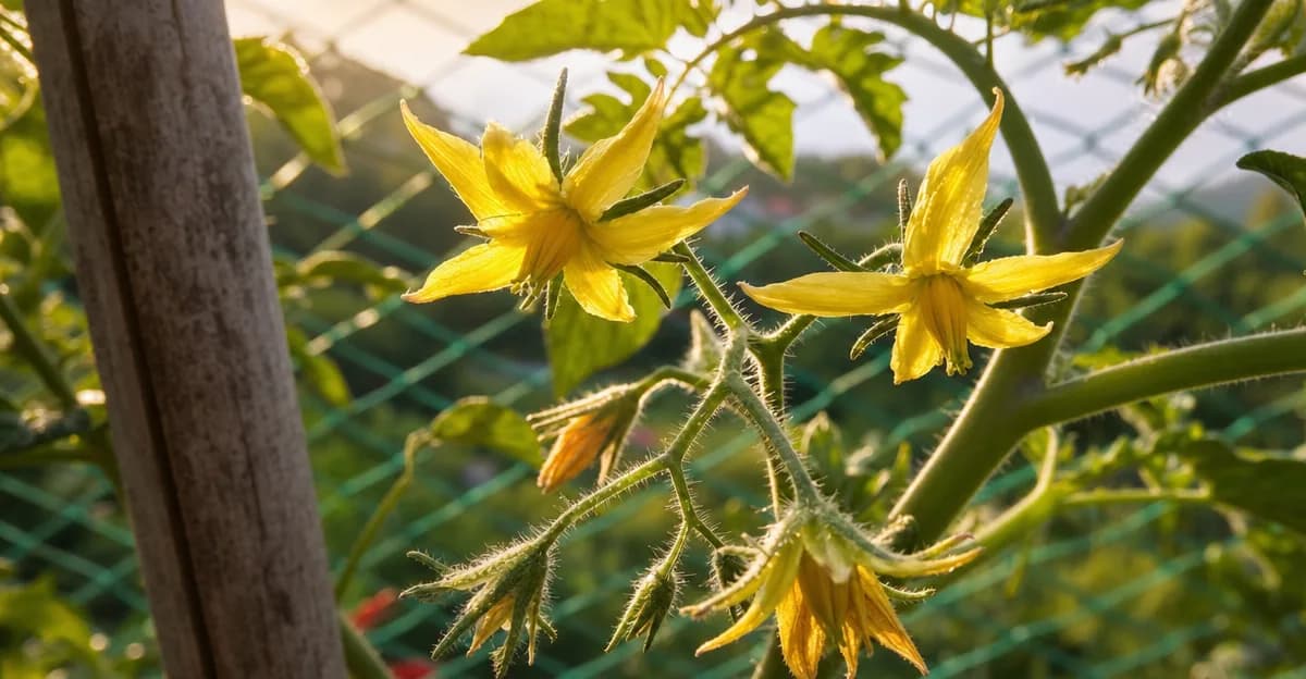 Une grappe de fleurs de tomate jaunes sur la vigne, dont une fleur jaunit et se détache au niveau d'une articulation renflée du pédicelle, éclairée à contre-jour par une douce lumière naturelle sur un fond vert flou de jardin d'intérieur