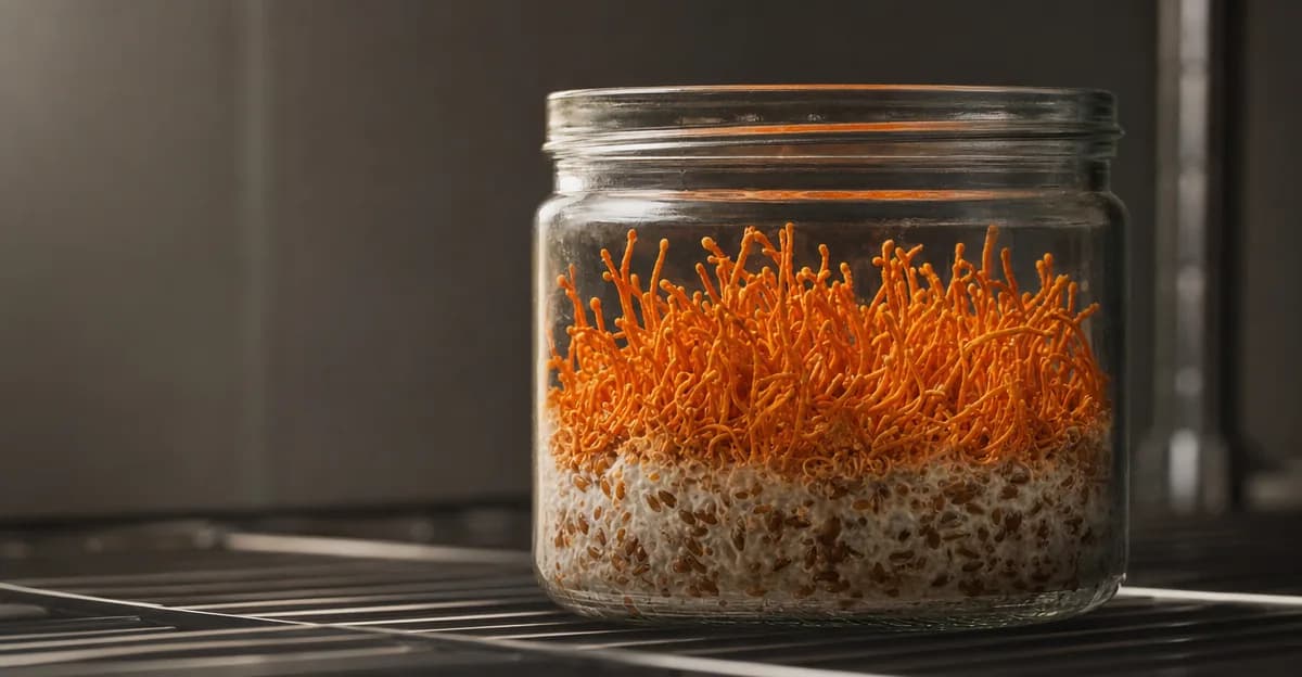 Vibrant orange Cordyceps militaris fruiting bodies emerging from a colonized grain substrate in a glass jar