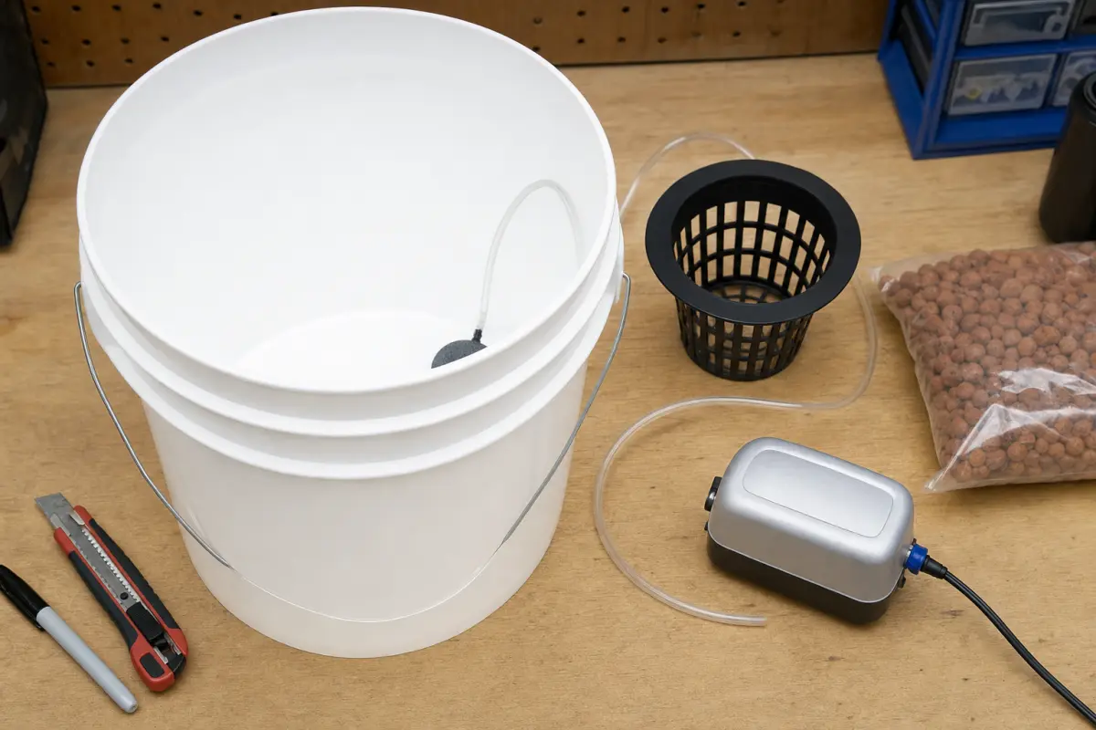DWC build components laid out on a workbench: a white 5-gallon bucket with air stone and airline tubing, a black net pot, an air pump, a bag of clay pebbles, a utility knife, and a marker