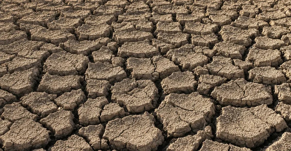 Drought-cracked earth stretching across a parched agricultural landscape under harsh sunlight, illustrating the severe water scarcity that El Nino brings to affected growing regions