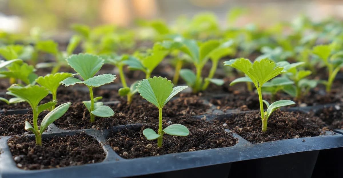 Rows of young vegetable seedlings sprouting from a soil-filled plug tray in warm natural light, marking the start of a planting season