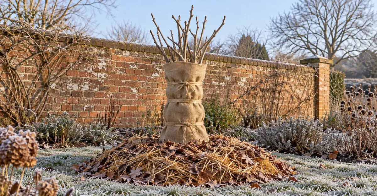 Leafless young fig tree wrapped in burlap and twine, mulched at the base beside a garden wall on a frosty morning