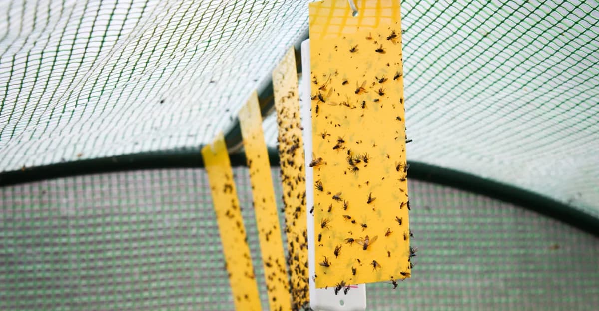 Yellow sticky monitoring cards covered with small flying insects inside a greenhouse