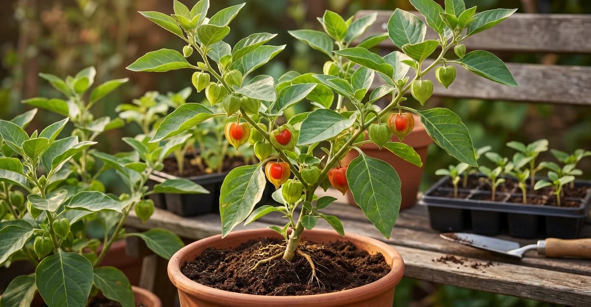 Planta de ashwagandha (Withania somnifera) com bagas maduras vermelho-alaranjadas seguras em cálices verdes papiráceos