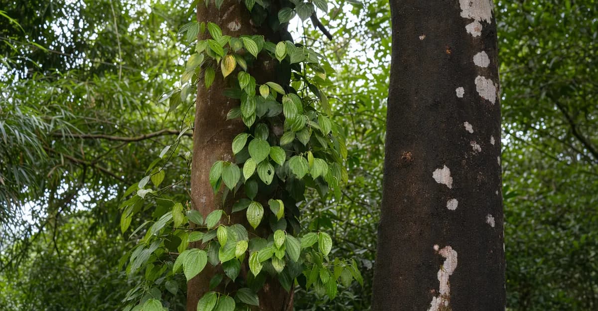 Trepadeira de pimenta-preta com cachos de grãos verdes a crescer naturalmente numa jaqueira em Kerala, Índia