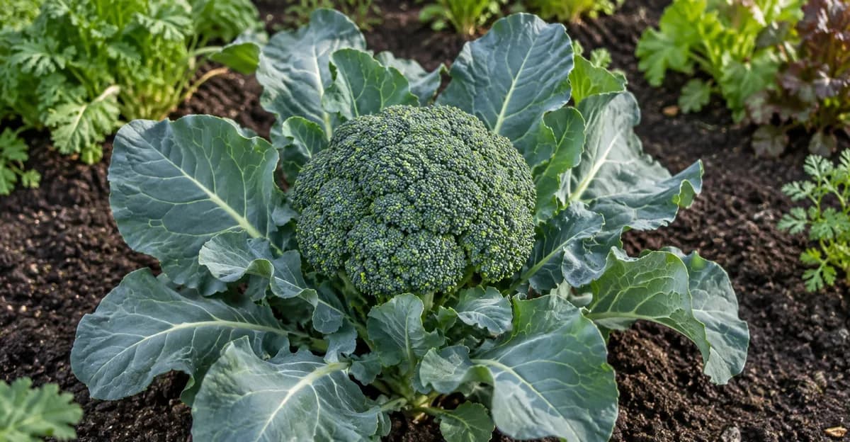Uma cabeça de brócolos verde madura a crescer por cima de folhas largas verde-azuladas num canteiro de jardim