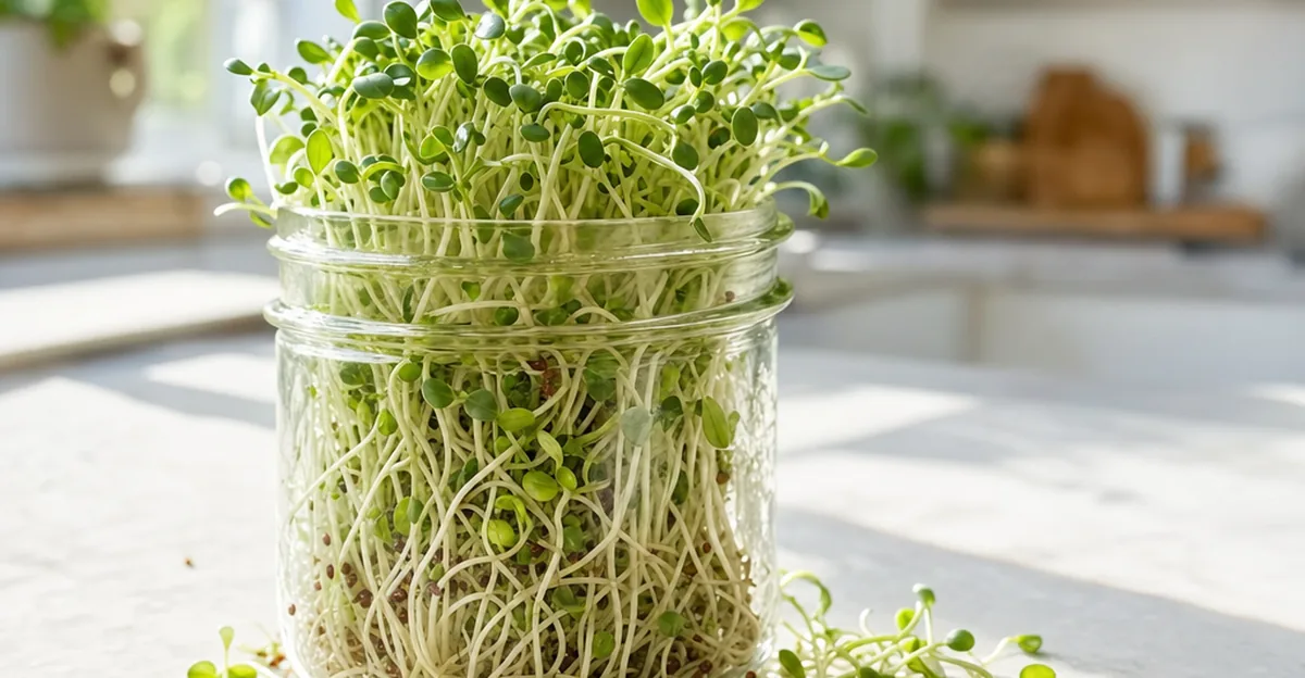 Freshly grown broccoli sprouts with bright green cotyledons emerging from a wide-mouth mason jar on a clean kitchen counter