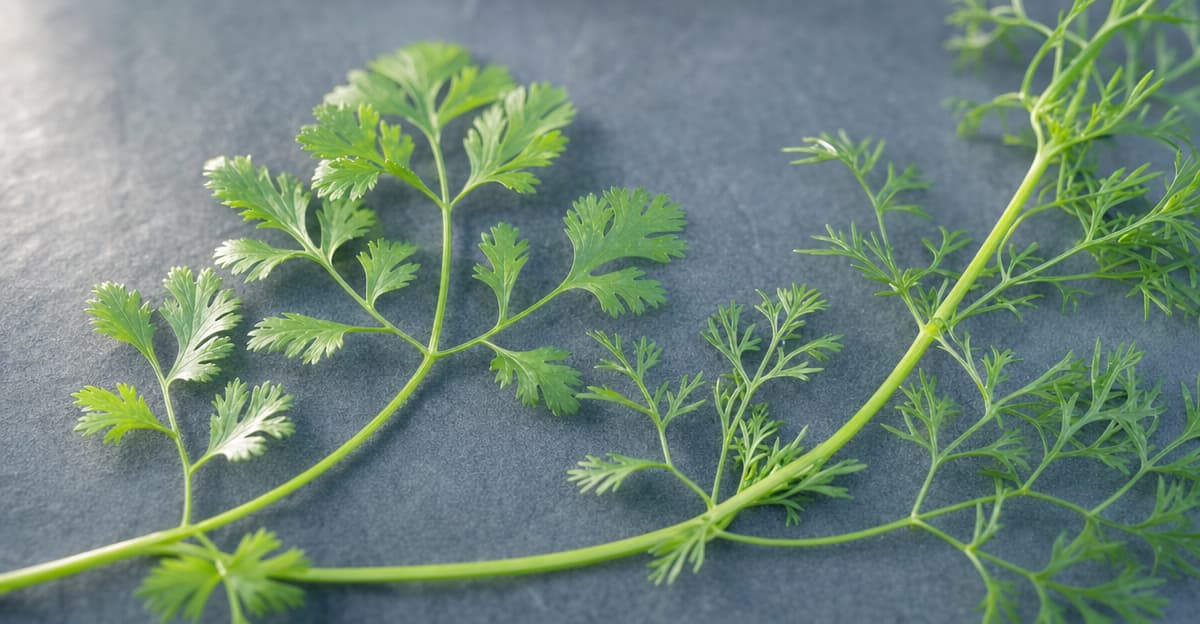 Lush young cilantro (Coriandrum sativum) plants with broad, deeply lobed green leaves growing densely in a cool-season bed under soft natural light