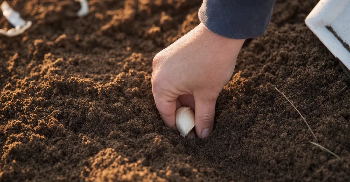 Una mano sosteniendo un bulbo de ajo partido que muestra los dientes individuales, listos para plantarse con la punta hacia arriba en tierra oscura de jardín