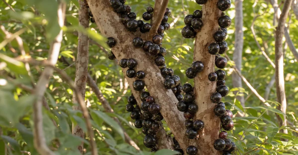 Cachos de frutos de jaboticaba negros e brilhantes a crescer diretamente na casca do tronco e dos ramos principais da árvore