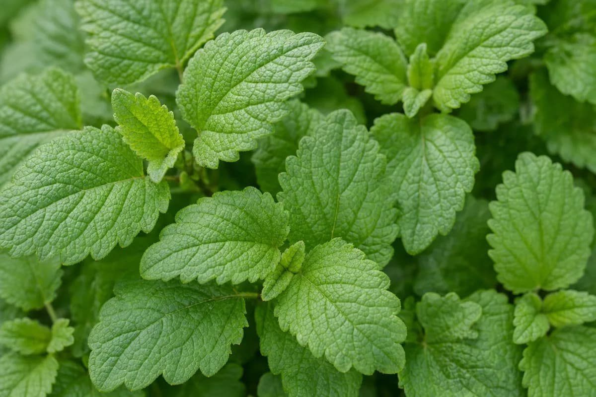 Close-up of bright green lemon balm leaves showing crinkled texture and serrated edges