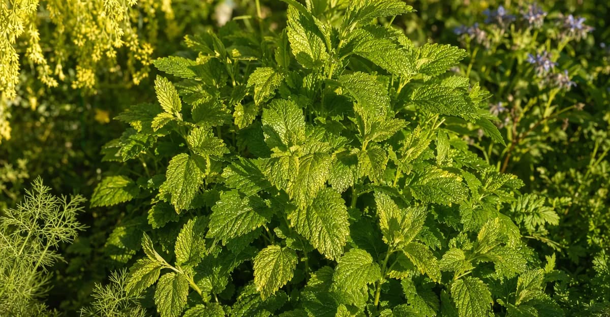 Planta de melisa (Melissa officinalis) con hojas dentadas de color verde brillante creciendo en un jardín