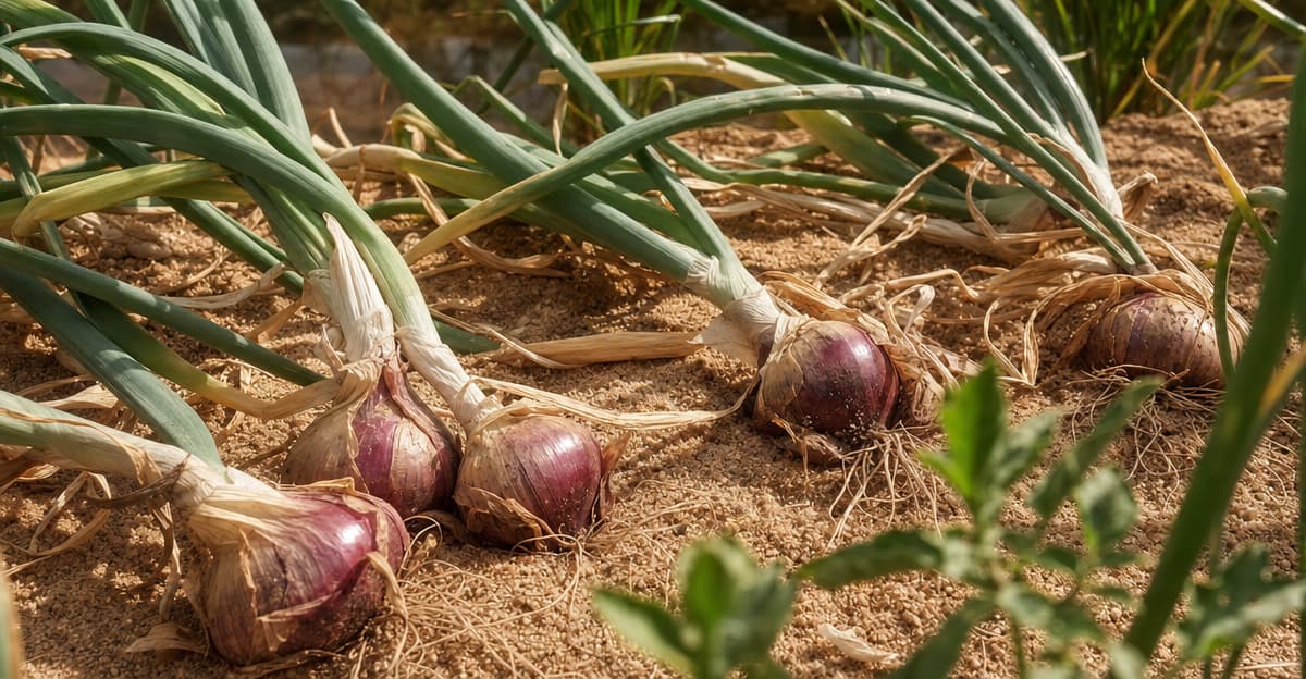 Freshly lifted onions with their tops still attached, drying on the soil surface in a sunny garden bed