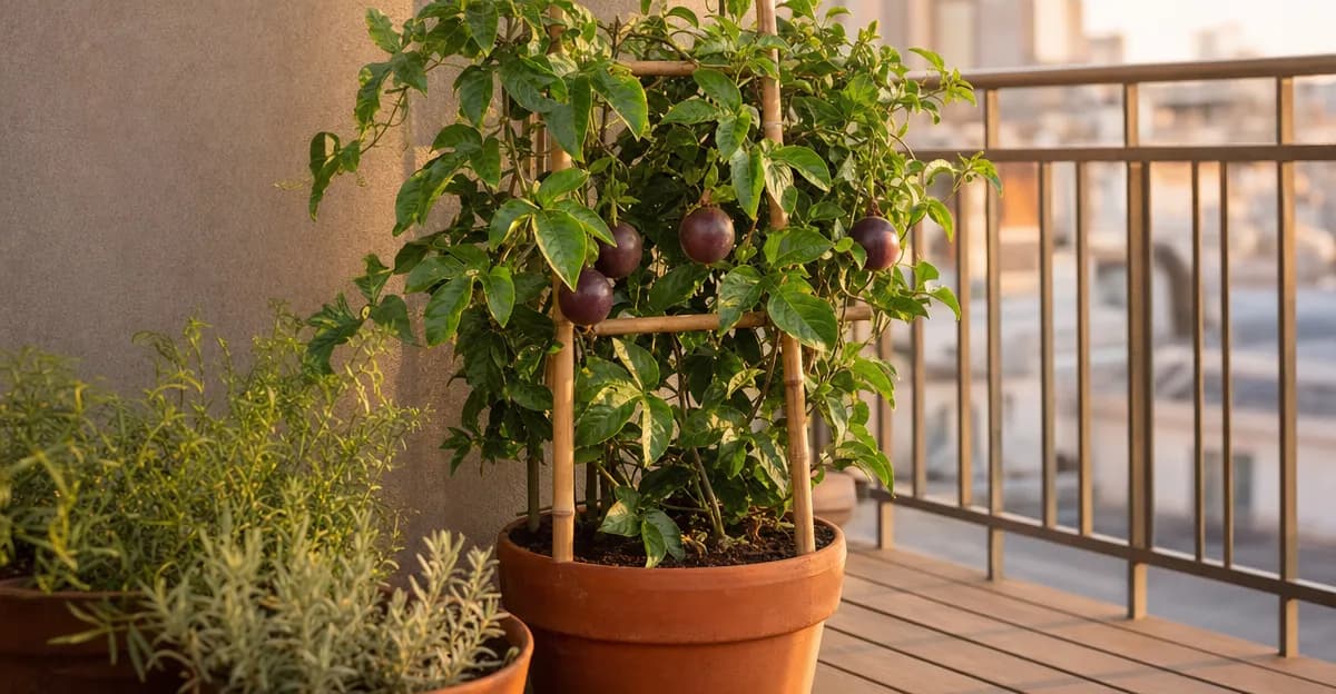 A potted passion fruit vine climbing a bamboo trellis on a sunny balcony, with ripe purple fruits hanging among broad green leaves