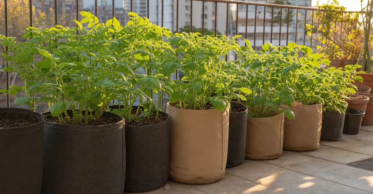 Plantas de batata saudáveis a crescer em sacos de cultivo de tecido escuro num pátio ensolarado, com folhagem verde a ultrapassar as bordas do saco e uma colher de jardinagem pousada ao lado