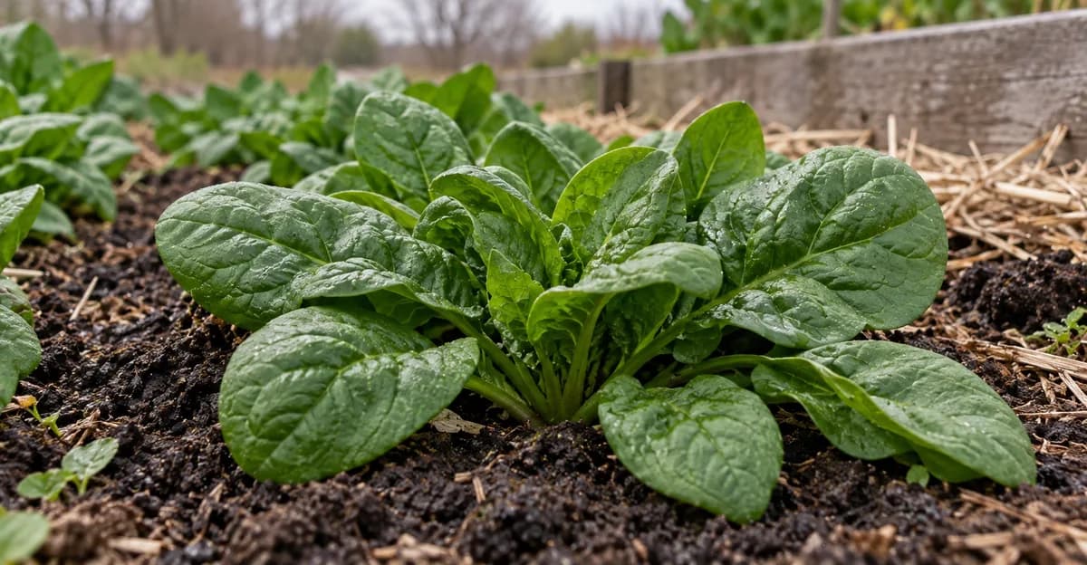 Une jeune rosette d'épinard aux larges feuilles vert foncé dans la terre sombre d'un carré potager surélevé, avec un paillis de paille derrière