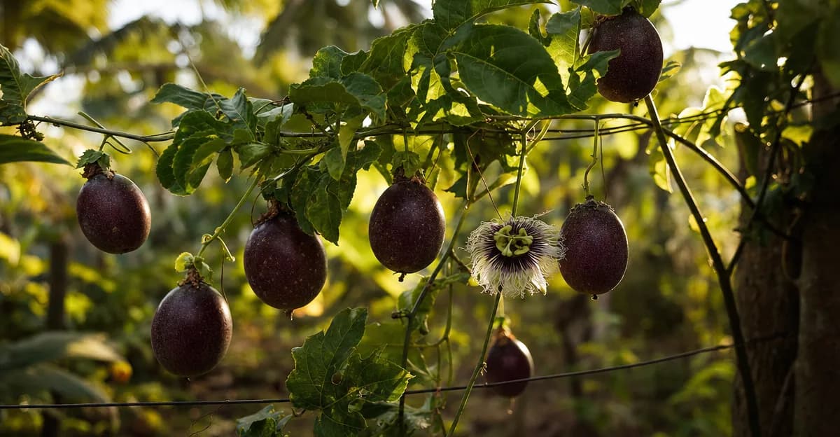 A mature passion fruit vine trained on a wire trellis with ripe purple fruits and lush green foliage under full sun