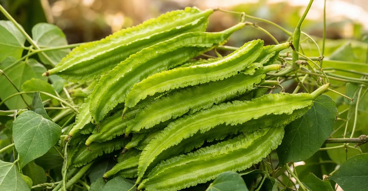 Un racimo de vainas de guisante alado de cuatro caras, de un verde brillante, apoyadas en la enredadera entre anchas hojas verdes, con sus alas nervadas captando la cálida luz natural