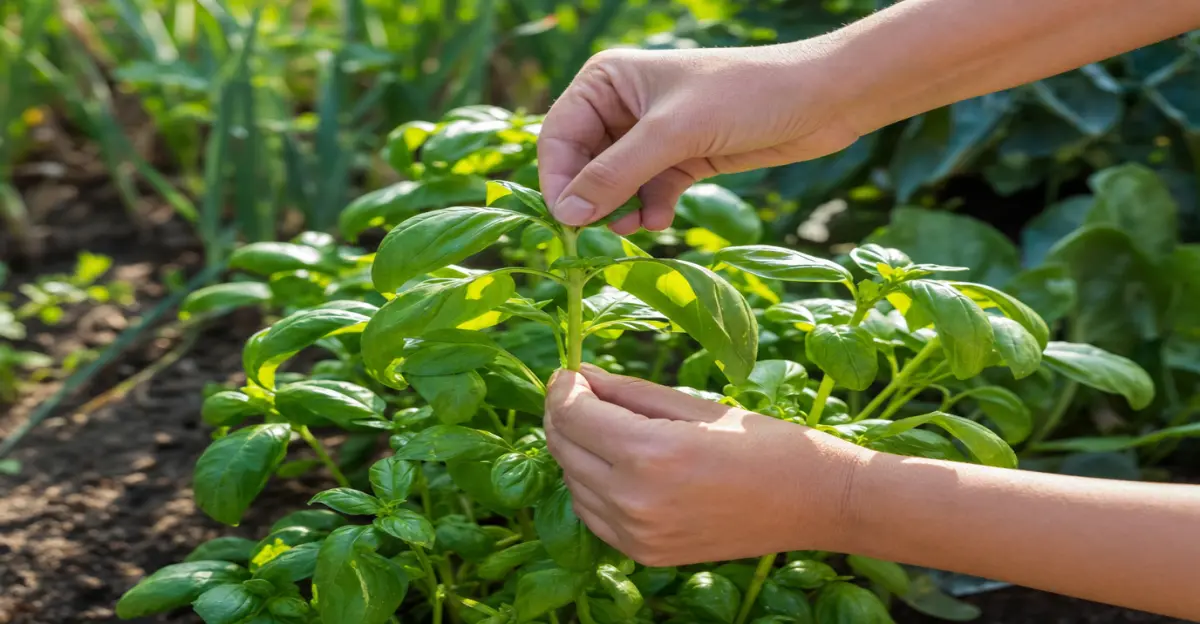 Mãos pinçando o topo de um caule de manjericão logo acima de um nó foliar, com uma planta de manjericão verde e frondosa ao fundo