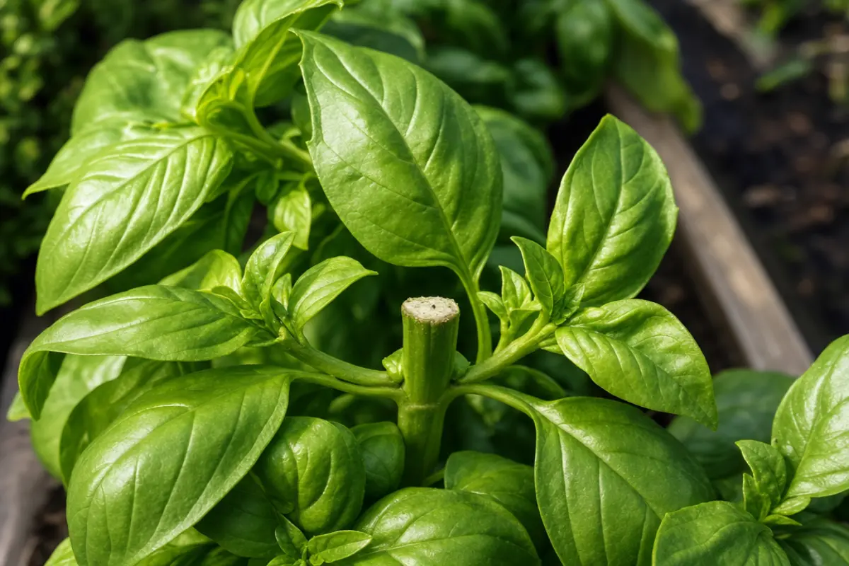 Close-up of a basil stem node where two new lateral shoots emerge after pruning, demonstrating the branching response that doubles growth