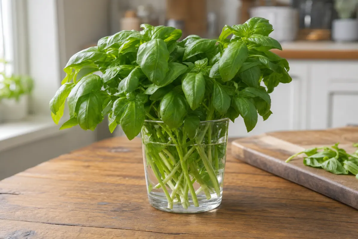 Freshly harvested basil stems standing upright in a clear glass of water on a wooden kitchen table, the best way to store fresh basil at room temperature
