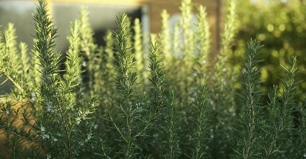 Hands cutting a green rosemary sprig just above a leaf node with sharp shears, a large bushy rosemary shrub in the background