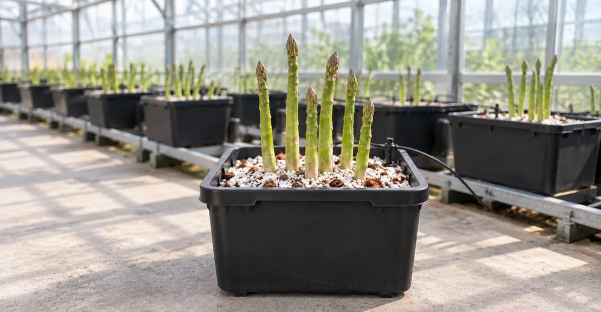 Groene aspergescheuten groeien uit perliet en kokos in zwarte bakken met druppelirrigatie in een kas