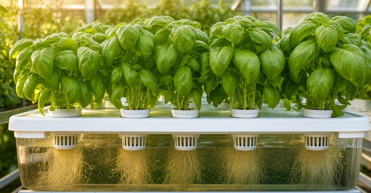 Lush green sweet basil plants growing in a hydroponic NFT system under LED grow lights with visible healthy white roots