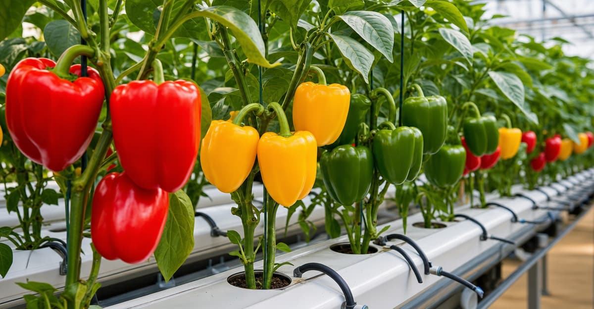 Pimientos rojos y amarillos maduros creciendo en un sistema hidropónico Dutch bucket bajo luces de cultivo LED