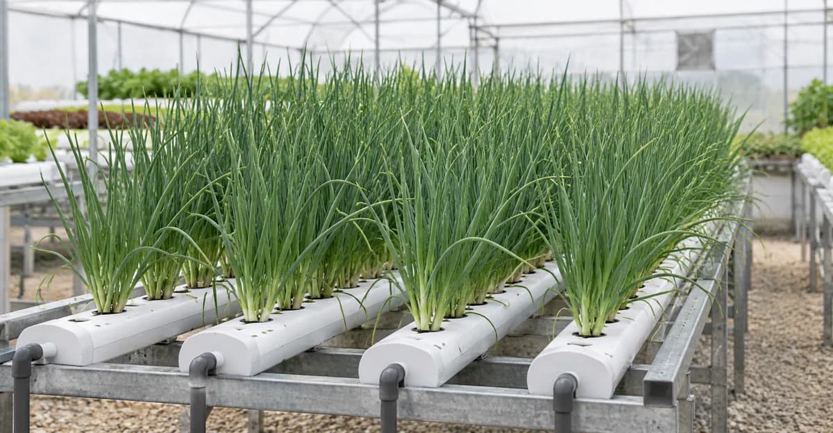 Dichte bosuien met rechtopstaande bladeren die groeien in witte hydrocultuurkanalen in een kas