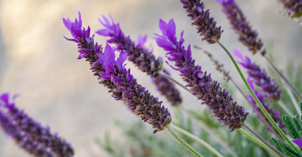Plant de lavande avec des epis de fleurs violettes cultivee dans un systeme hydroponique goutte-a-goutte avec substrat de perlite sous des lampes LED de croissance