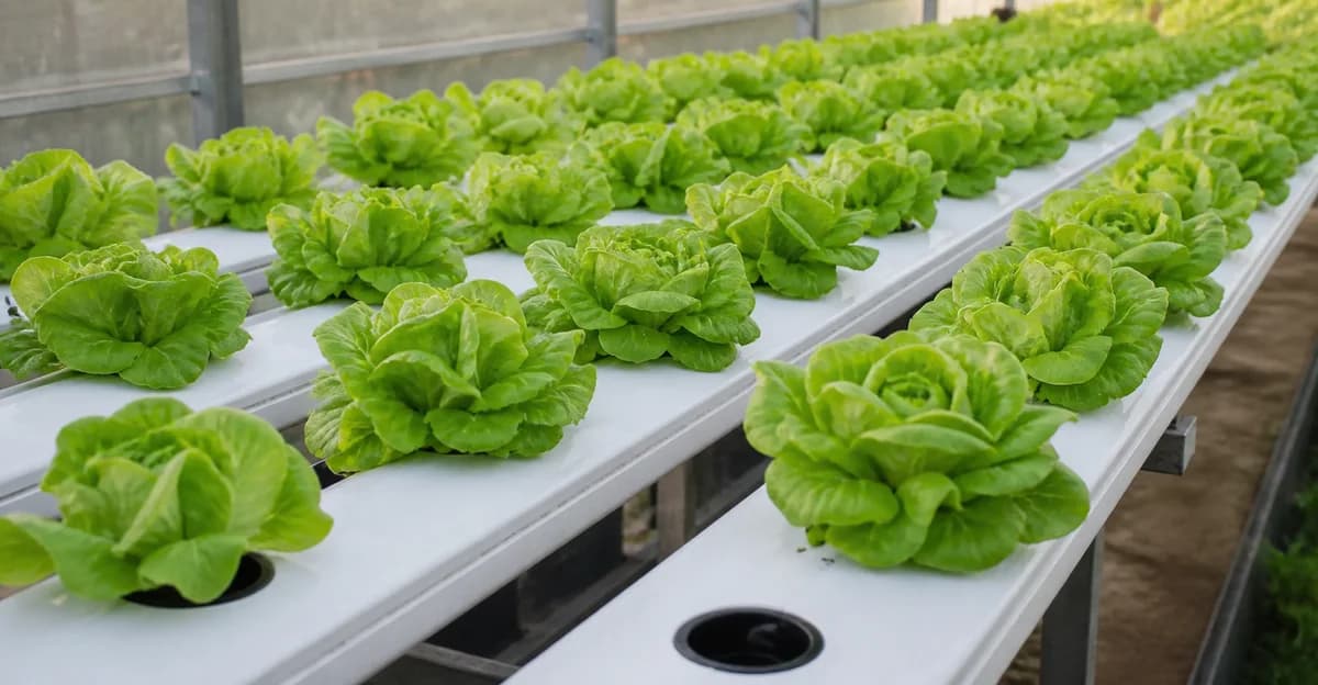 Overhead view of hydroponic lettuce in NFT channels at wide final spacing with airflow between the heads