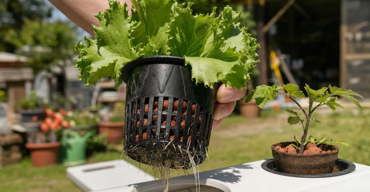 Split cross-section of a deep water culture net pot: healthy white roots in clear, bubbling solution on the left; brown, slimy, collapsed roots in murky warm water on the right