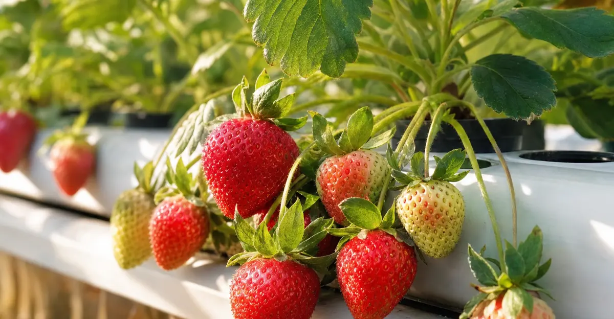 Red ripe strawberries growing in a hydroponic NFT channel system with visible white roots