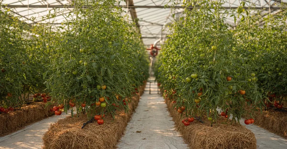 Ripe red tomatoes growing on the vine in a hydroponic drip system with visible nutrient lines and grow lights
