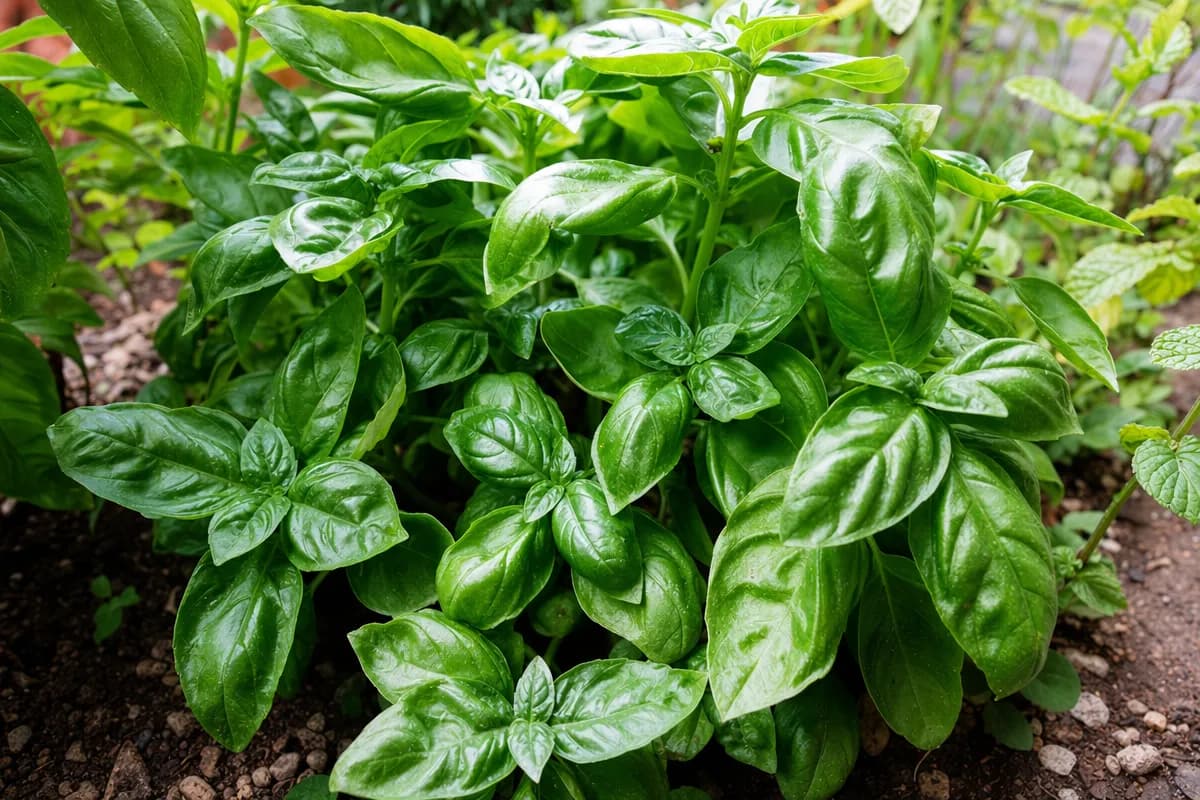 Fresh basil plant growing in an indoor herb garden setup