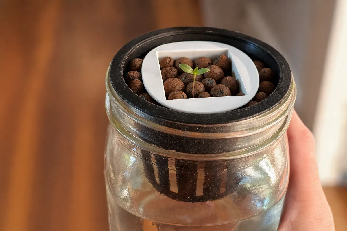 A mason jar with a net pot filled with clay pebbles and a tiny seedling, held in hand showing the simple hydroponic setup